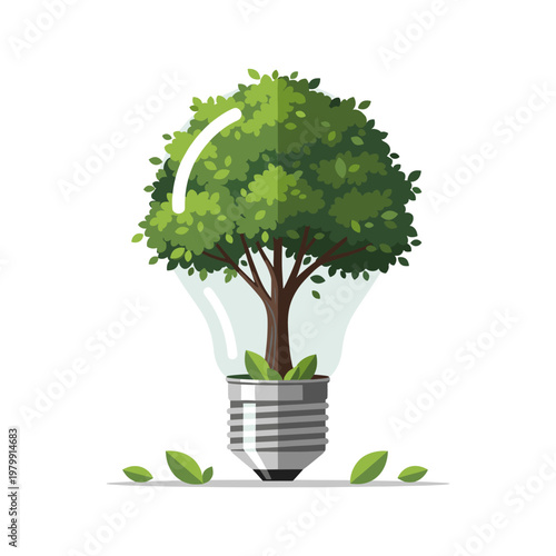 A vibrant green tree growing inside a clear light bulb, symbolizing eco-friendly energy, sustainability, and innovative environmental solutions.