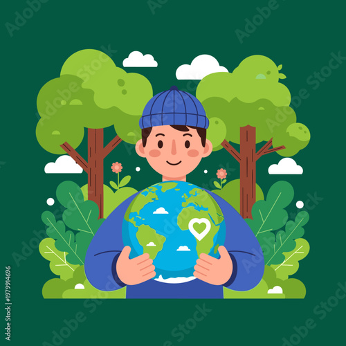 A happy boy in a blue hat holding the Earth globe with a heart, surrounded by green trees and plants, symbolizing environmental care.