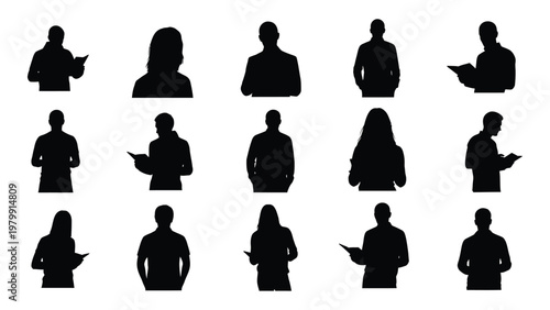 A collection of fifteen black silhouettes depicting various people some holding devices against a stark white background high quality professional detailed