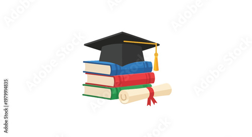 Graduation cap on stack books diploma.