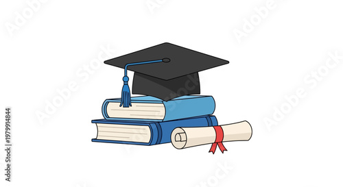 Graduation cap on stacked books diploma.
