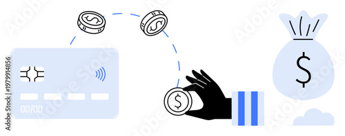 Online transactions, digital banking, cashless payments, financial management, e-commerce, savings. Card emits coins toward a hand and a money bag. Online transactions and digital banking concept