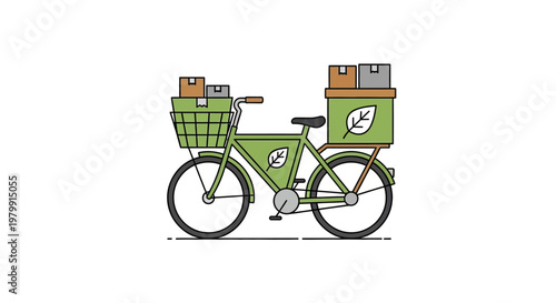 Green bicycle with delivery baskets.