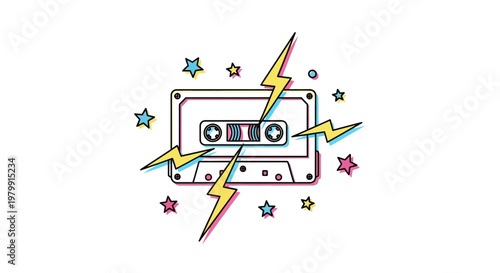 Colorful cassette tape with lightning bolts.