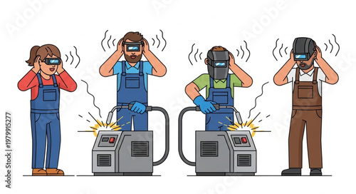 Workers wearing welding safety gear.