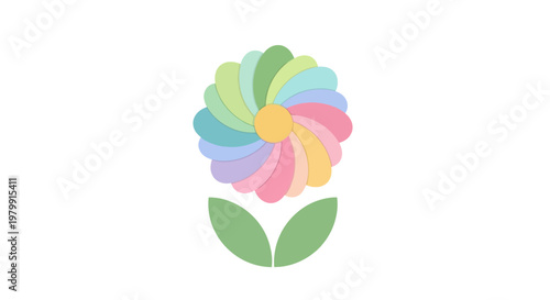 Colorful flower with green leaves.
