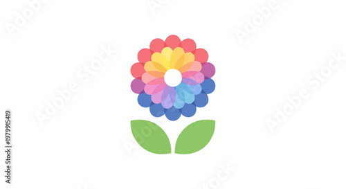 Colorful flower with green leaves icon.