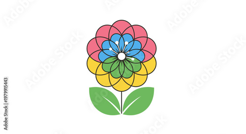 Colorful flower with green leaves.