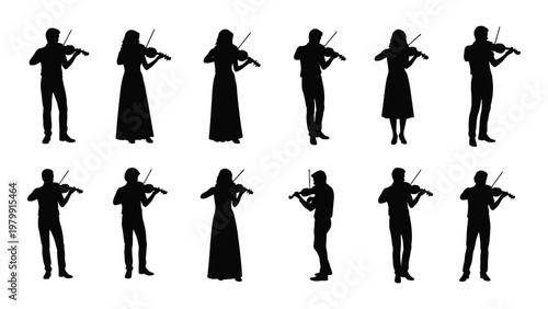 A collection of silhouette figures portrays diverse individuals passionately playing violins showcasing musical expression and artistry high quality professional detailed modern