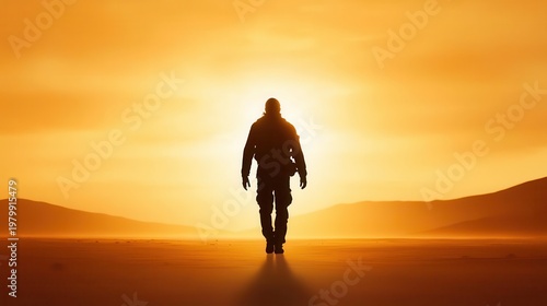 Postapocalyptic survivor in silhouette, walking toward light, moviestyle comic finish