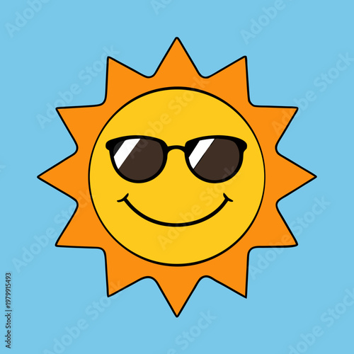 Fun, smiling sun wearing sunglasses, cartoon character, vector icon, summer symbol