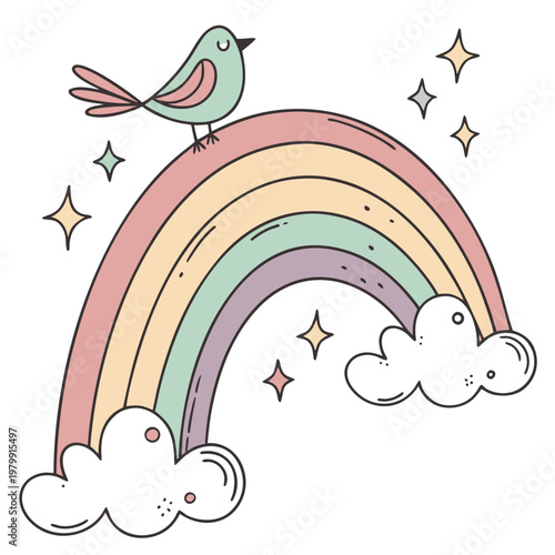 Colorful rainbow, cute bird, whimsical illustration, pastel colors, vector graphic