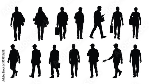 A collection of diverse black silhouettes depicting people in various casual and professional poses walking and standing high quality detailed modern