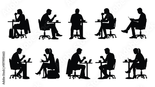 A collection of black silhouettes depicting people seated at tables eating working and using technology in public spaces high quality professional