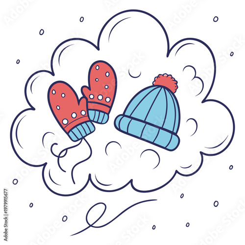 Winter clothing icons, snowflake background, red mittens, blue hat, cold weather accessories