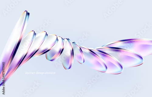 Abstract vector background of 3D glass circle and ovals. Transparent iridescent geometric shapes for poster and presentation design.