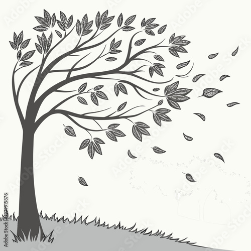 Autumn tree, falling leaves, wind blown, monochrome vector