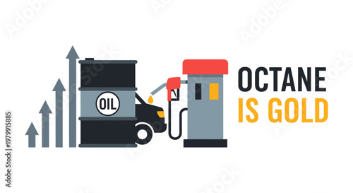 Fuel truck refueling gas station pump with increasing arrows in bold graphic illustration for business finance
