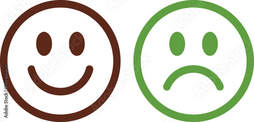 Happy and sad emoticons showing positive and negative mood reactions with brown and green circle icons