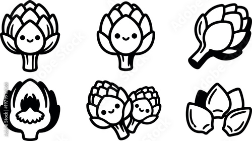 Cute black and white line art artichoke vegetable icons with happy faces