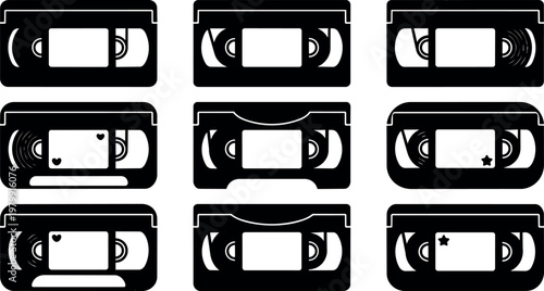 Black and white vhs tape icons with hearts and stars flat design