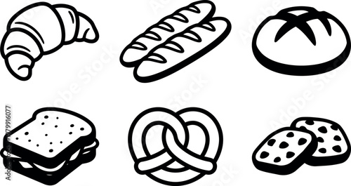 Black and white bread croissant baguette sandwich pretzel and cookies vector art