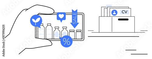 E-commerce concept. E-commerce drives digital transformation in online shopping with product displays and interaction icons thumbs up sale and discounts. E-commerce for retail, marketing