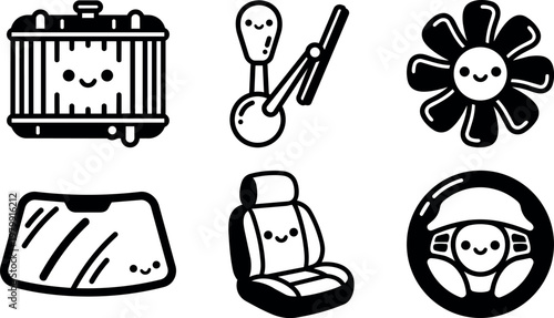 Black and white kawaii car parts radiator gear shift fan windshield seat steering wheel icons
