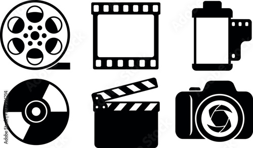 Black and white vector art film camera reel clapper and photography icons