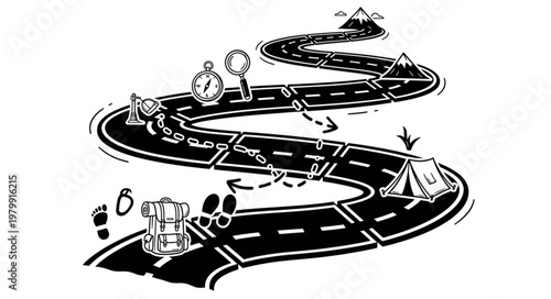 Winding Road Journey Path with Camping Tent and Mountains.