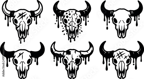 Black and white dripping bull skulls with cracks and spots vector art