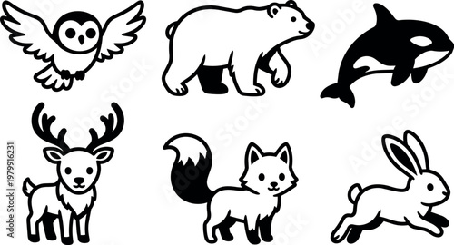 Black and white forest animals flat design owl bear deer fox rabbit vector art