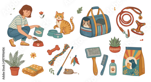 Domestic pet care set with woman feeding cat and various animal supplies