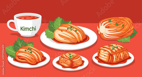 Korean Kimchi Food Illustration - Fermented Cabbage Dishes