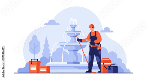 Maintenance worker cleaning a decorative water fountain in a park, illustration