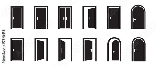 Door icon big set open and close door symbols in solid style vector illustration collection