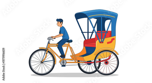 Man riding a colorful rickshaw on a white background