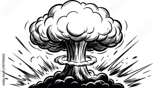 A black and white illustration of a mushroom cloud explosion