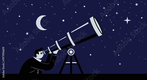 Man looking through telescope at starry night sky with crescent moon