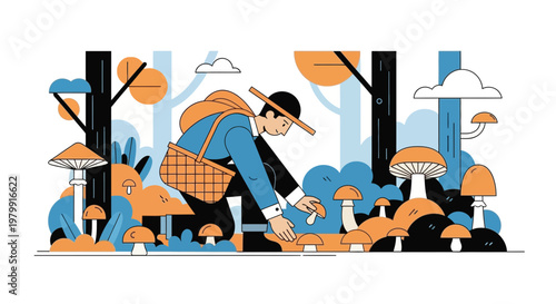 Man Picking Mushrooms in a Stylized Forest