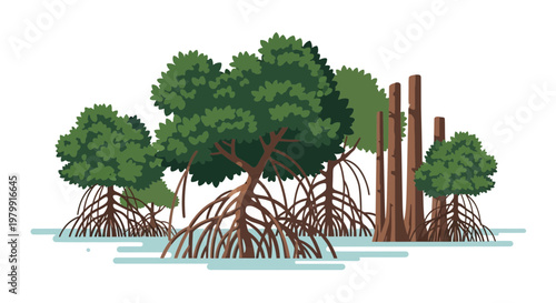 Mangrove forest illustration, dense roots, coastal ecosystem, tropical plants
