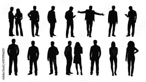 A collection of black silhouettes depicts diverse individuals in various poses including conversations standing and gesturing high quality professional detailed modern