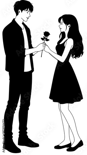 Minimalist romantic couple holding hands silhouette, man and woman facing each other on isolated background