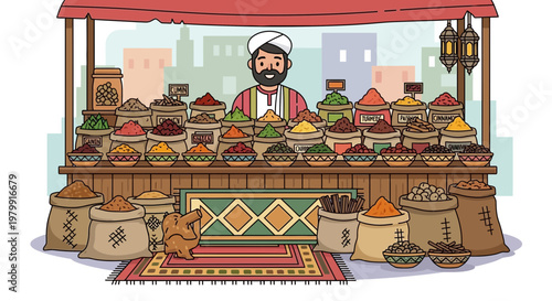 Middle Eastern Spice Merchant with Colorful Spices at Market Stall