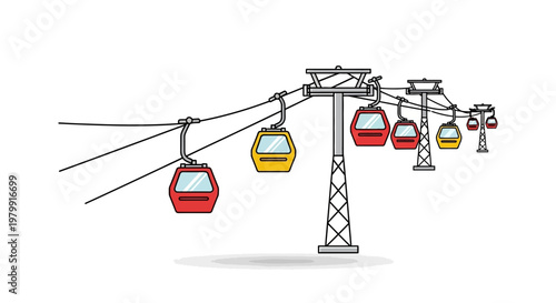 Modern Cable Car System with Colorful Gondolas on White Background
