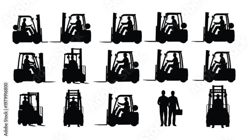 A collection of black silhouette icons depicting forklift trucks and workers arranged in a grid like pattern on a white background