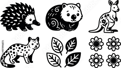 Stylized hedgehog wombat kangaroo leopard leaves and flowers