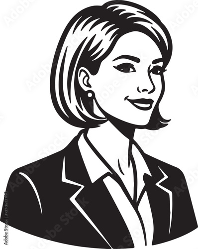 Elegant and confident professional woman in a vintage black and white illustration, showcasing a friendly and approachable businesswoman with a stylish short haircut, 