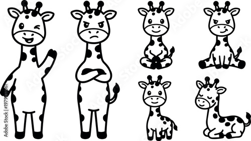 Six cute cartoon giraffe characters with various expressions and poses