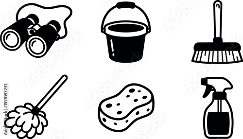 Black and white cleaning tools icons including mop bucket sponge and spray